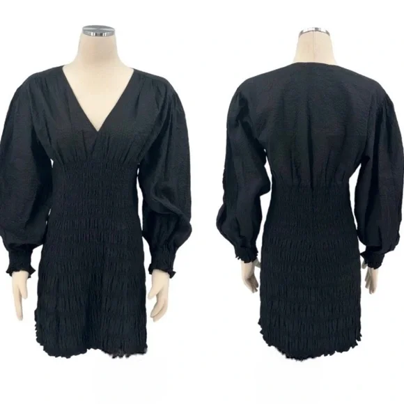 FRAME Denim V neck Smocked Long Sleeve Mini Dress Size Small Black NWT